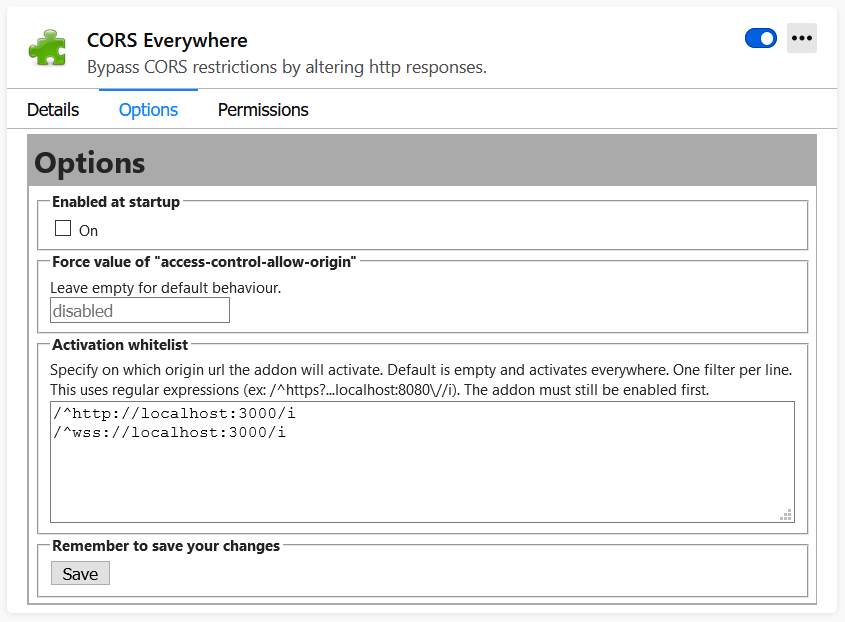 Screenshot of "CORS Everywhere" Firefox plugin settings